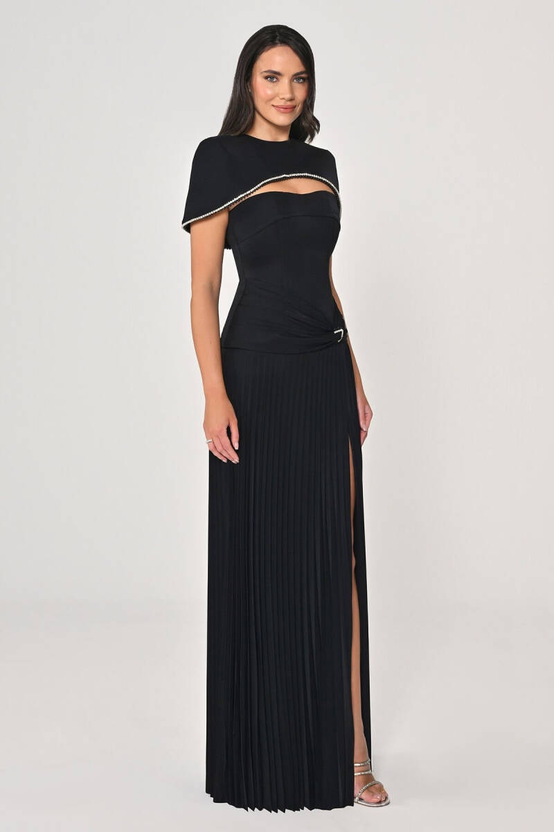 Siyah Bolerolu Belden Drapeli Plise Etek Abiye Elbise 12 - 4