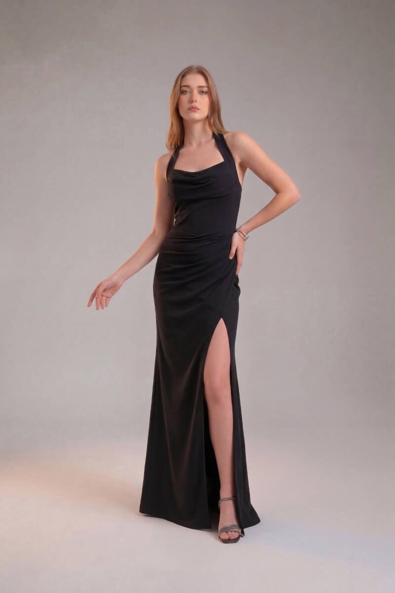 Siyah Boyundan Bağlamalı Bel Drapeli Yırtmaçlı Büyük Beden Abiye 64 - 1