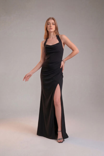 Siyah Boyundan Bağlamalı Bel Drapeli Yırtmaçlı Büyük Beden Abiye 64 - ŞEREF VURAL