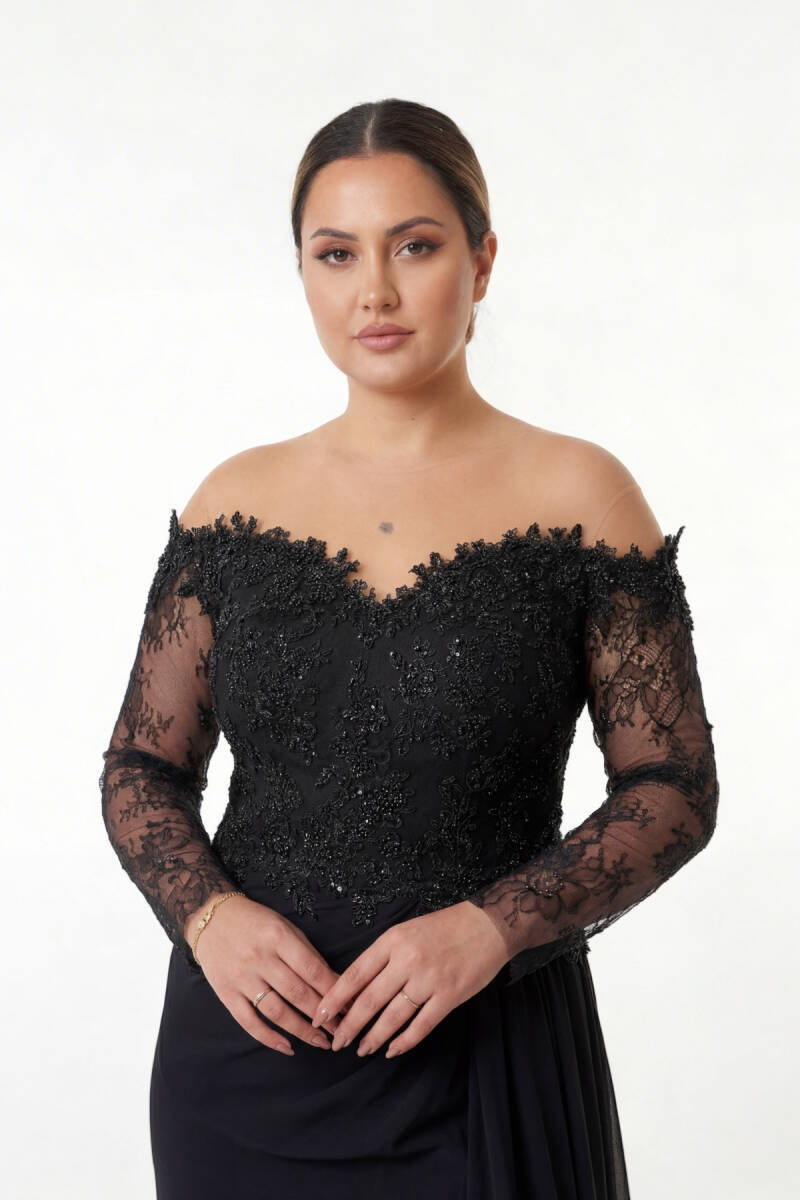 Siyah Dantel Kollu Aplikli Beli Drapeli Büyük Beden Abiye Elbise 39 - 2