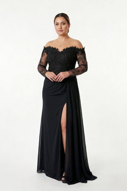 Siyah Dantel Kollu Aplikli Beli Drapeli Büyük Beden Abiye Elbise 39 - ÖMÜR İNN