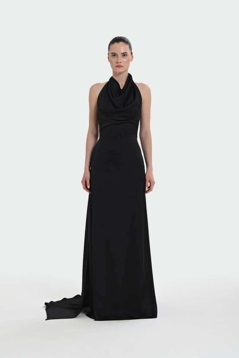 Siyah Degaje Yaka Yan Kuyruklu Düğmeli Yırtmaçlı Abiye Elbise 64 - 1