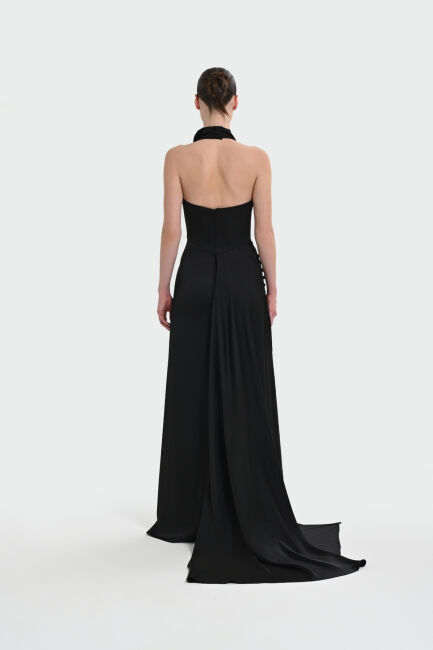 Siyah Degaje Yaka Yan Kuyruklu Düğmeli Yırtmaçlı Abiye Elbise 64 - 5