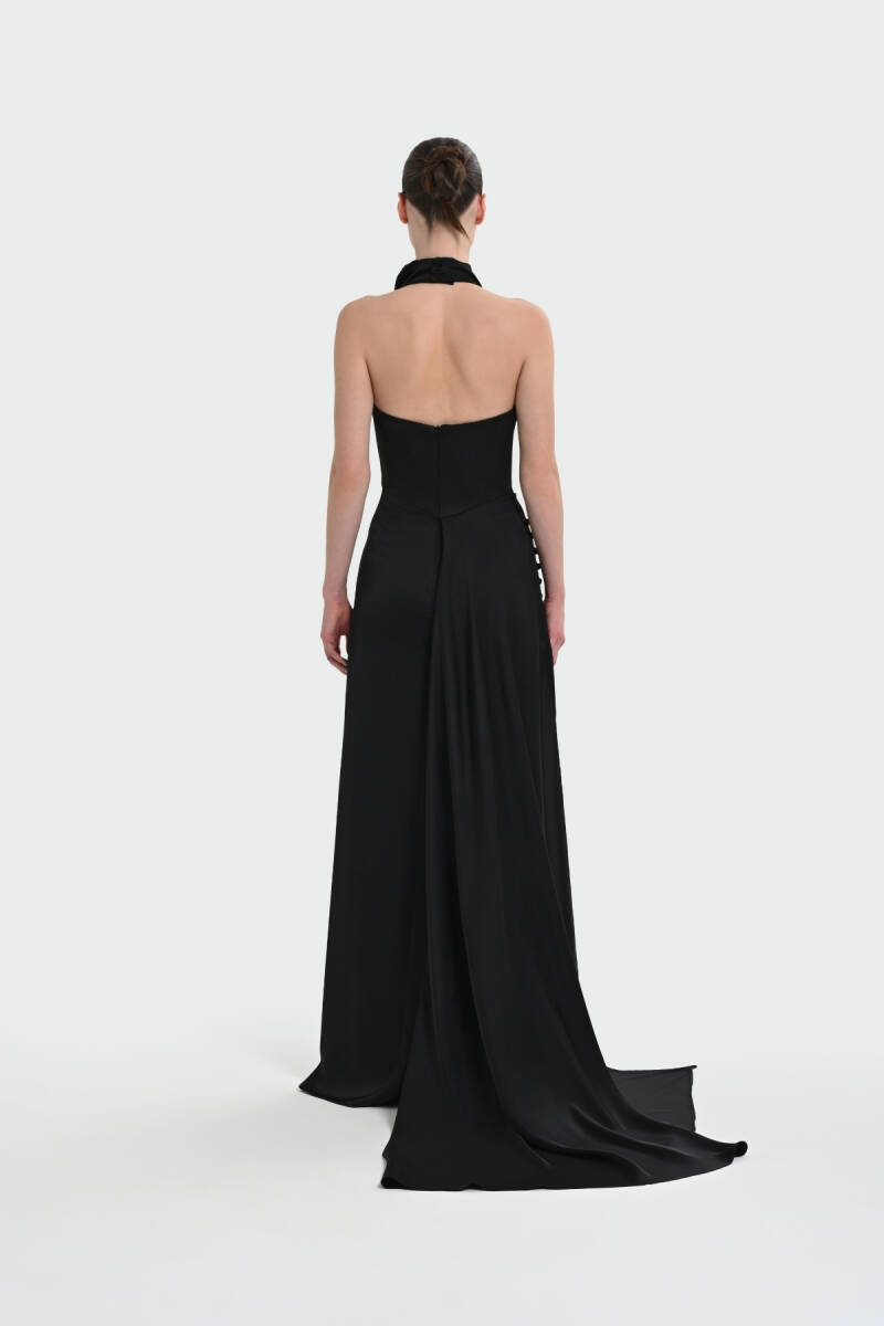 Siyah Degaje Yaka Yan Kuyruklu Düğmeli Yırtmaçlı Abiye Elbise 64 - 5