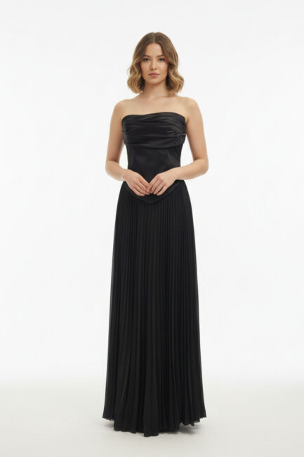 Siyah Drapeli Straplez Korsajlı Plise Etek Abiye Elbise 57 - ALİNCE TEKSTİL