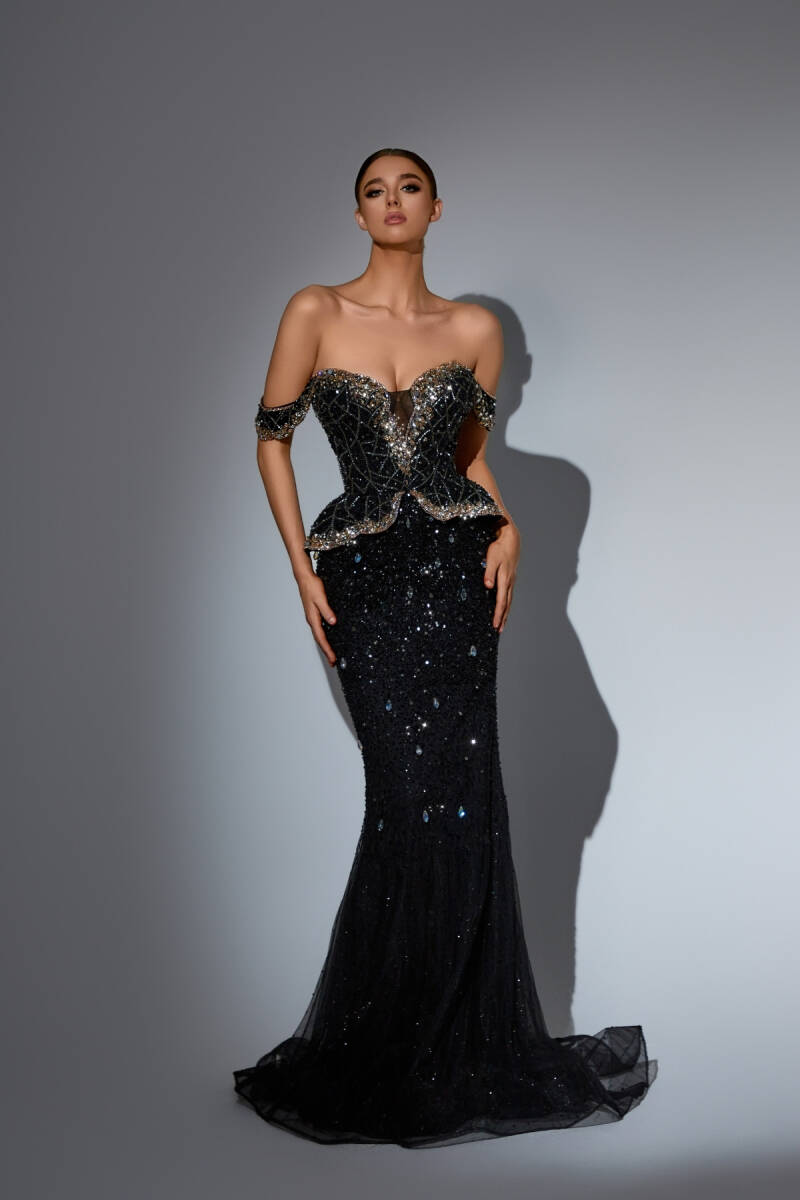 Siyah Düşük Kollu Gepiyerli İşlemeli İthal Abiye Elbise 28 - 1