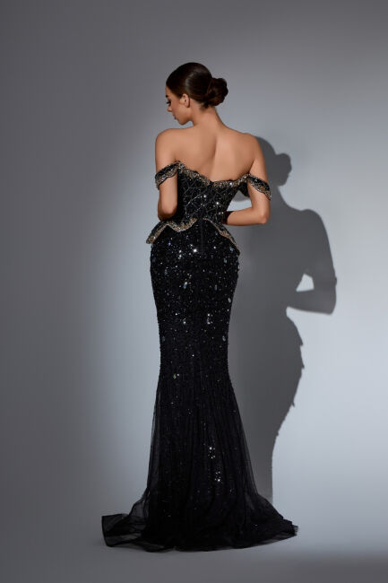 Siyah Düşük Kollu Gepiyerli İşlemeli İthal Abiye Elbise 28 - 3