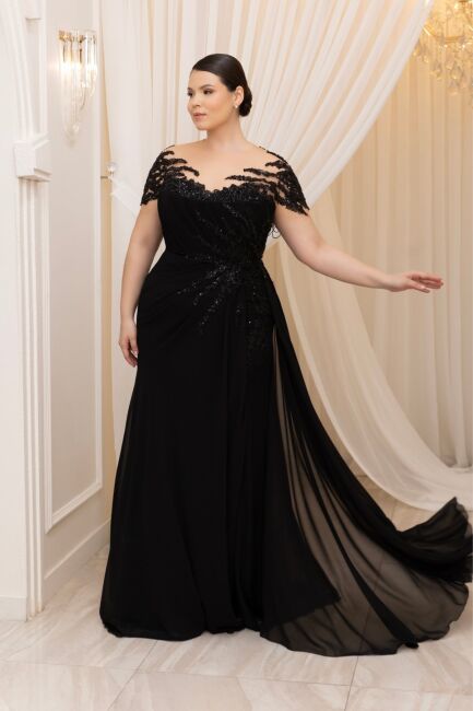 Siyah Gebiyerli Güpür Ve İşlemeli Eldivenli Büyük Beden Abiye 54 - ÖMÜR İNN