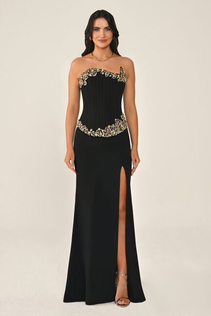 Siyah Gepiyerli Asimetrik Yaka Taşlıı Abiye Elbise 81 - ALFABETA