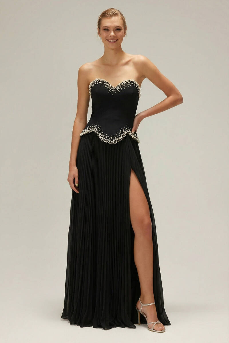 Siyah Gepiyerli İnci İşlemeli Plise Etek Abiye Elbise 40 - 1