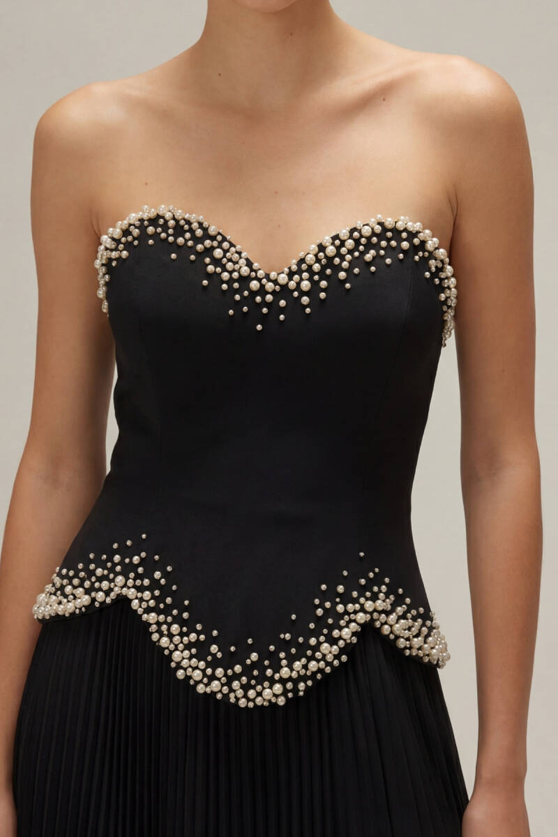 Siyah Gepiyerli İnci İşlemeli Plise Etek Abiye Elbise 40 - 2