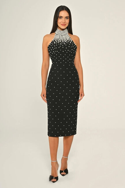 Siyah Halter Yaka Boncuklu Krep Midi Boy Abiye Elbise 28 - ALFABETA