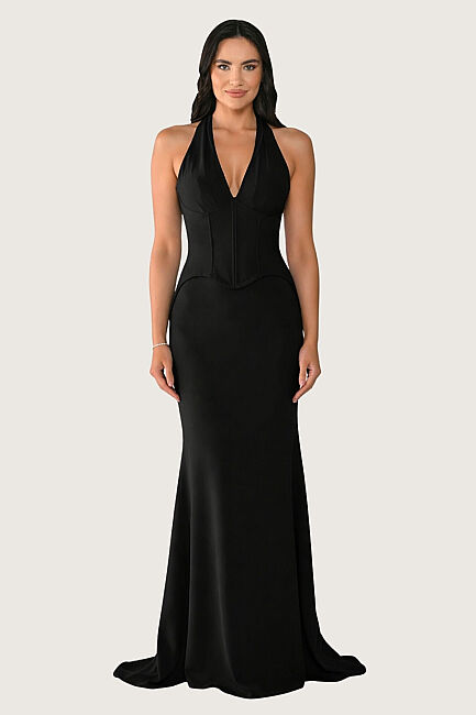 Siyah Halter Yaka Sırtı Biritli Korsajlı Krep Abiye Elbise 13 - ALFABETA