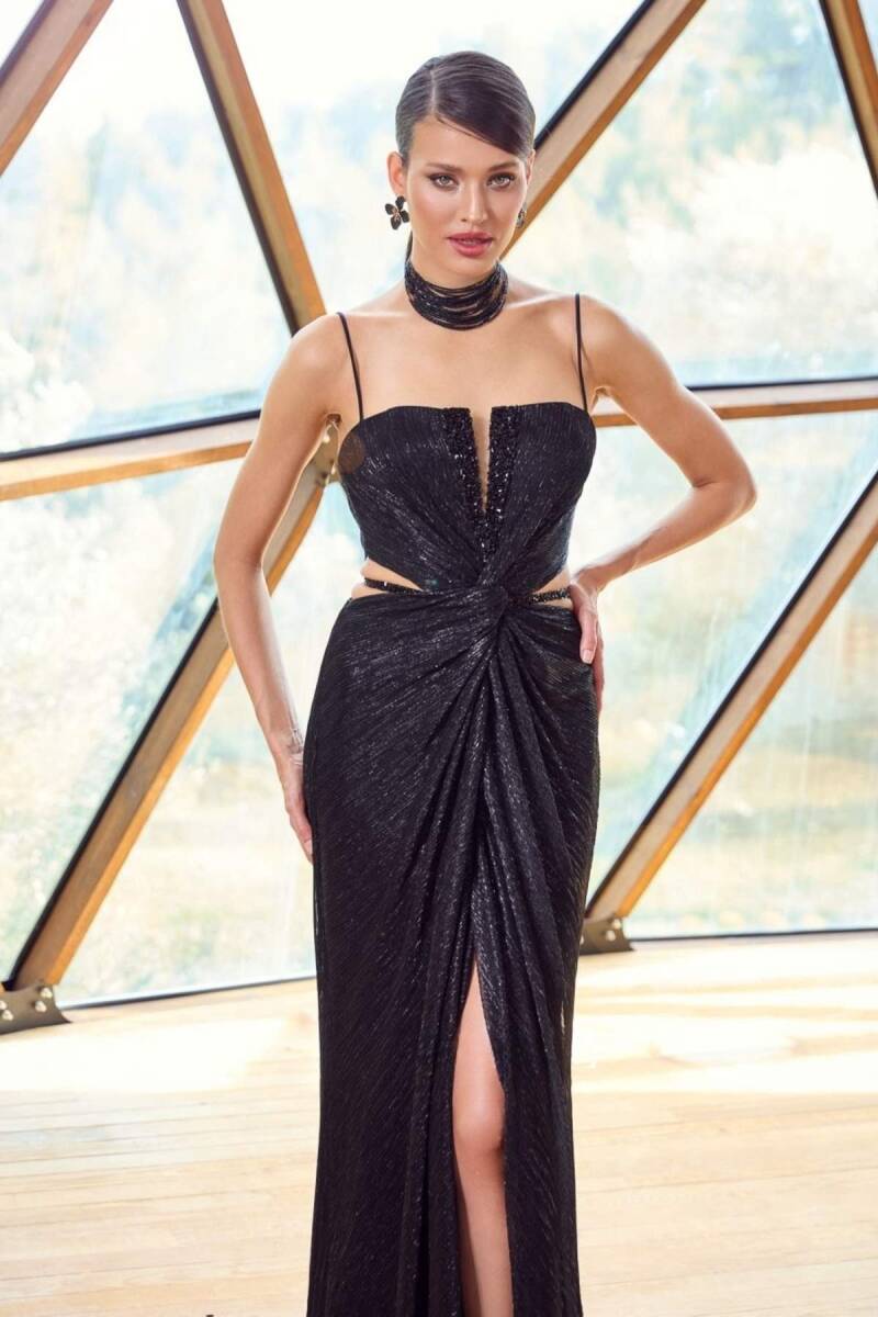 Siyah İp Askılı Bel Dekolteli Önden Yırtmaçlı Kendinden Simli Abiye Elbise 61 - 2