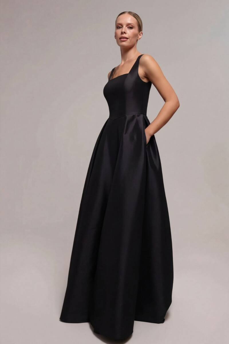 Siyah Kare Yaka Kalın Askılı Cepli Yırtmaçlı Tafta Abiye Elbise 91 - 2