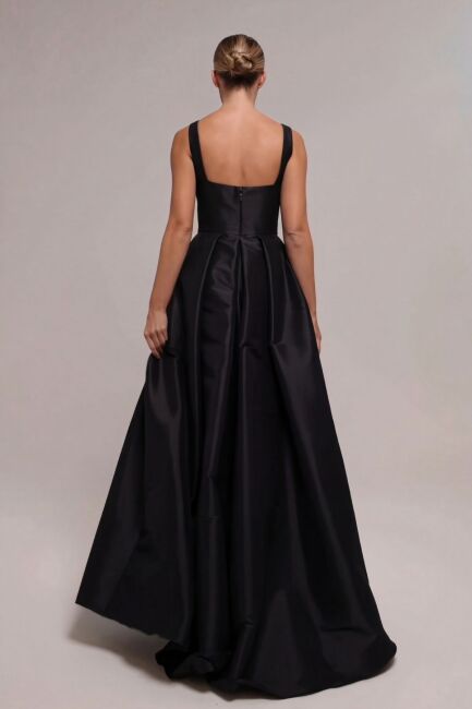 Siyah Kare Yaka Kalın Askılı Cepli Yırtmaçlı Tafta Abiye Elbise 91 - 3