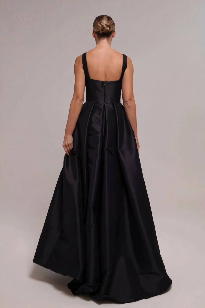 Siyah Kare Yaka Kalın Askılı Cepli Yırtmaçlı Tafta Abiye Elbise 91 - 3