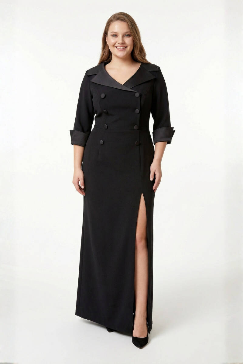 Siyah Kayık Yaka Düğmeli Yırtmaçlı Truvakar Kol Büyük Beden Abiye - 1