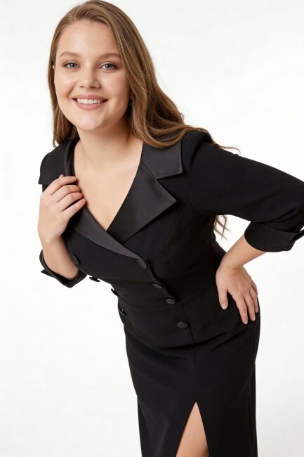 Siyah Kayık Yaka Düğmeli Yırtmaçlı Truvakar Kol Büyük Beden Abiye - 3