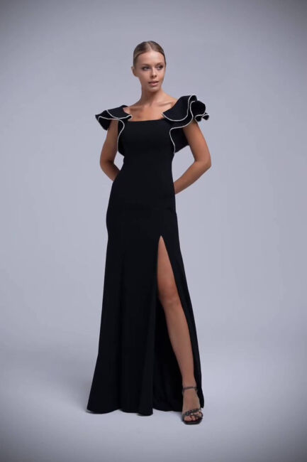 Siyah Kayık Yaka Şerit Taşlı Volan Kol Büyük Beden Abiye 28 - Şeref Vural