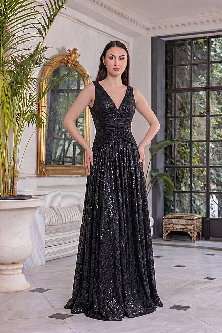 Siyah Ön Arka V Drapeli Düğmeli Kloş Büyük Beden Abiye 36 - DRESSİNG ROOM