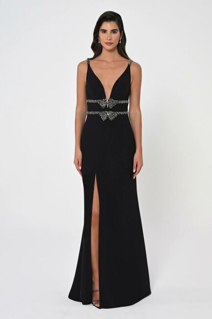 Black Front Back V Bow Embroidered Deep Slit Evening Dress 04 - ALFABETA