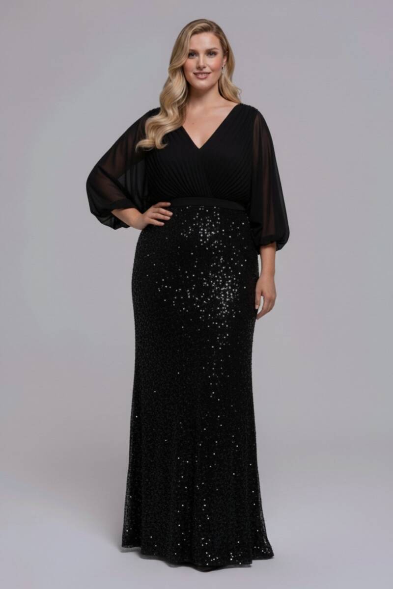 Siyah Ön Arka V Omzu Taşlı Pliseli Payetli Büyük Beden Abiye Elbise 29 - 1