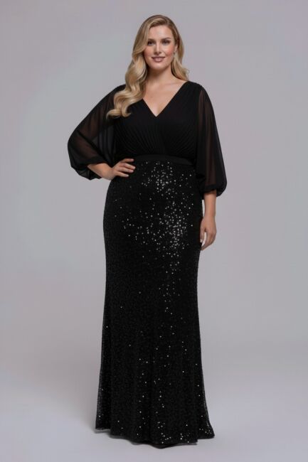 Siyah Ön Arka V Omzu Taşlı Pliseli Payetli Büyük Beden Abiye Elbise 29 - ŞEREF VURAL