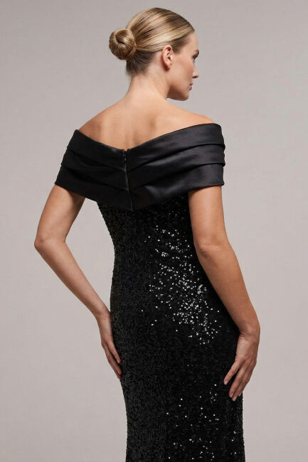 Siyah Saten Fiyonk Yakalı Drapeli Yırtmaçlı Simli Büyük Beden Abiye 95 - 2