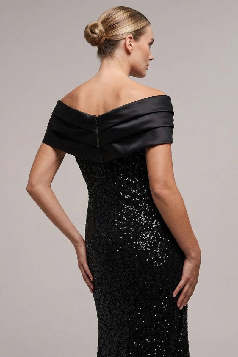 Siyah Saten Fiyonk Yakalı Drapeli Yırtmaçlı Simli Büyük Beden Abiye 95 - 2