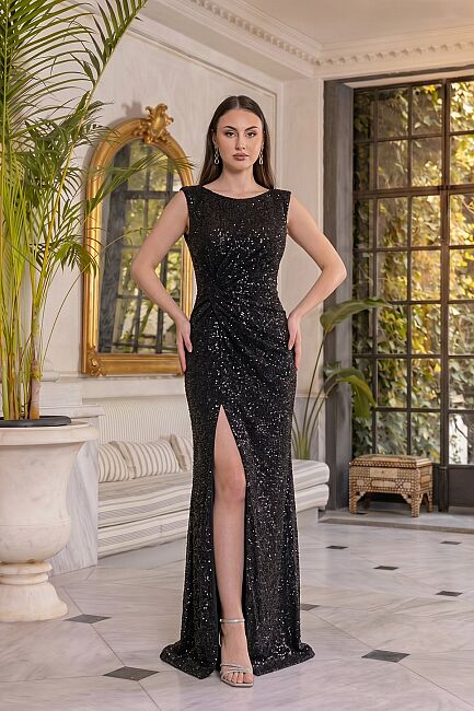 Siyah Sırtı V Düğüm Detaylı İşlemeli Büyük Beden Abiye 21 - DRESSİNG ROOM