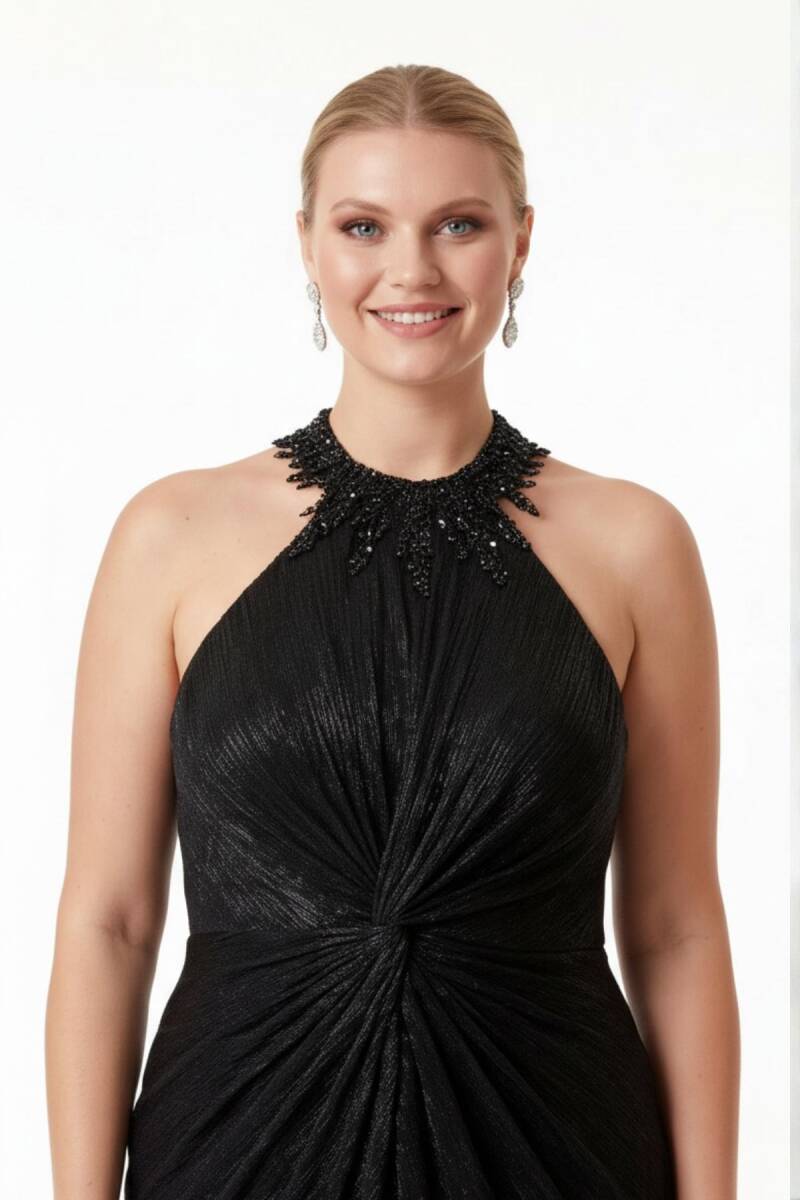 Siyah Stafanel Yaka İşlemeli Beli Düğümlü Önden Yırtmaçlı Büyük Beden Abiye Elbise 87 - 3