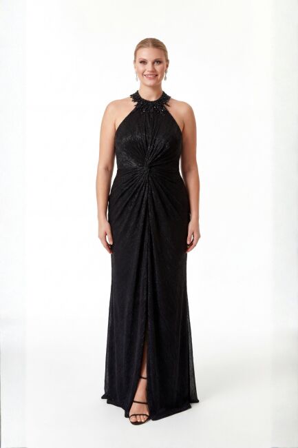 Siyah Stafanel Yaka İşlemeli Beli Düğümlü Önden Yırtmaçlı Büyük Beden Abiye Elbise 87 - 1