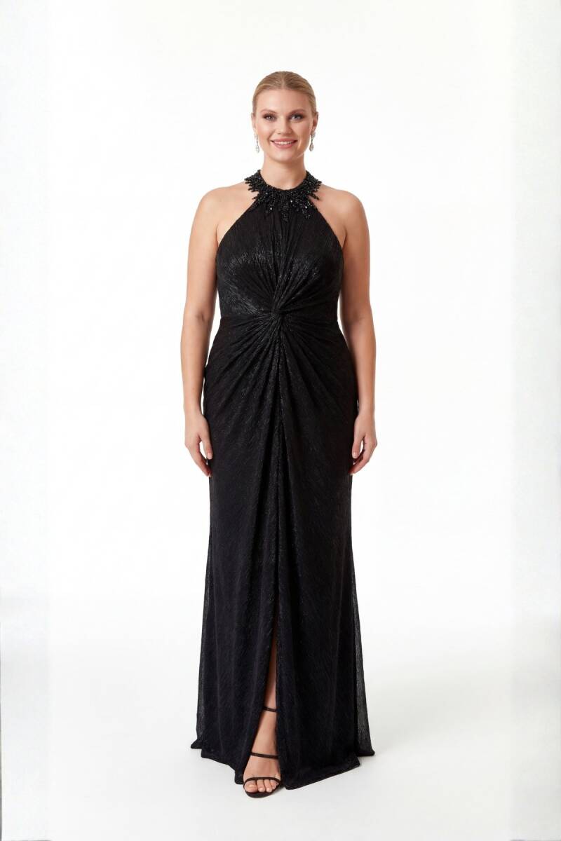 Siyah Stafanel Yaka İşlemeli Beli Düğümlü Önden Yırtmaçlı Büyük Beden Abiye Elbise 87 - 1