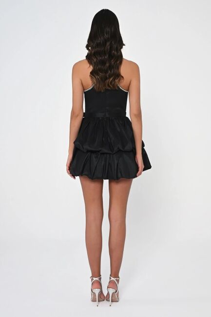 Siyah Stefane Yaka Şerit Taşlı Balon Mini Abiye Elbise 13 - 5