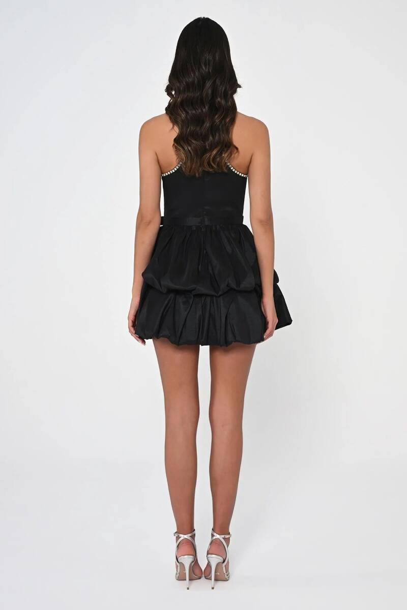 Siyah Stefane Yaka Şerit Taşlı Balon Mini Abiye Elbise 13 - 5