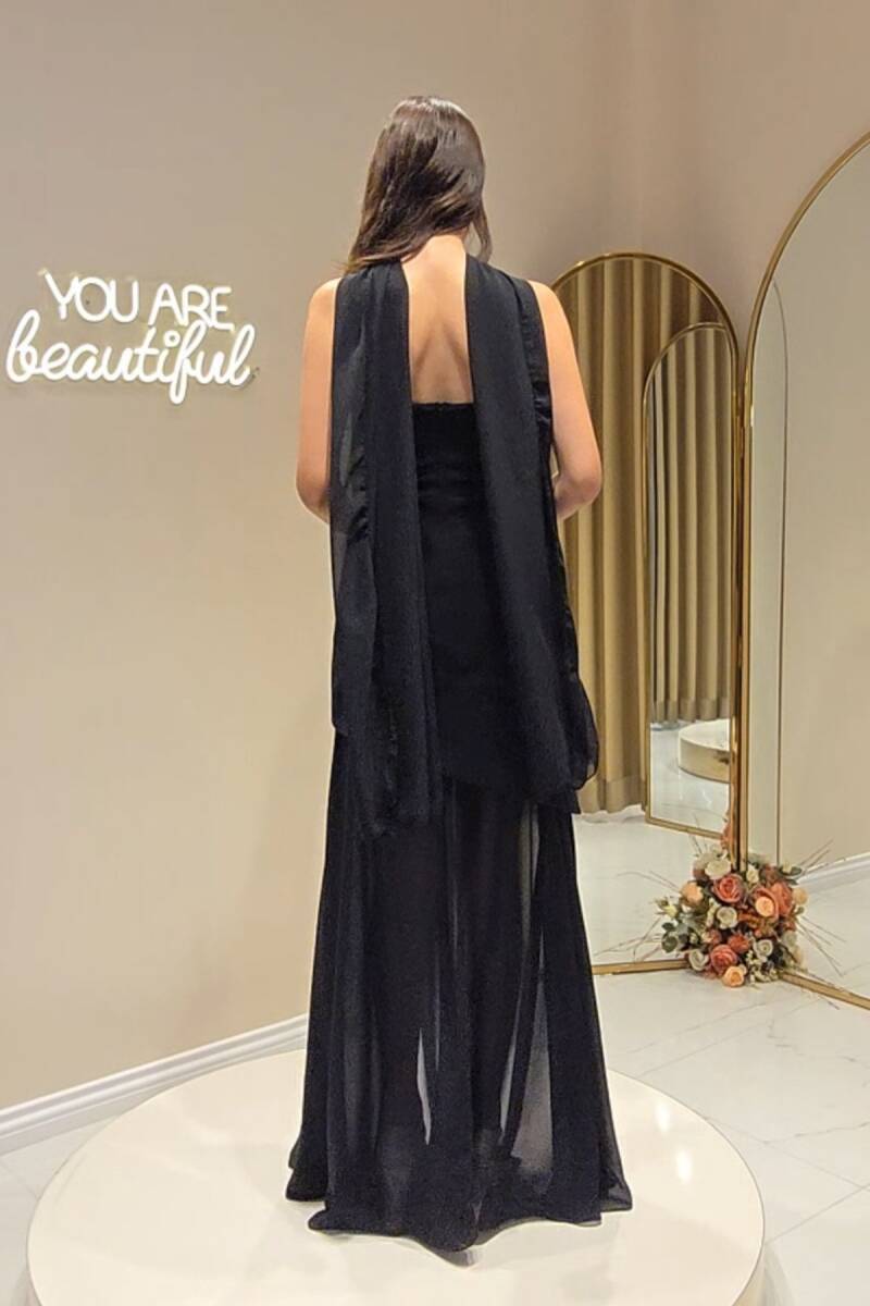 Siyah Straplez Altı Sifon Etekli Abiye Elbise 90 - 4