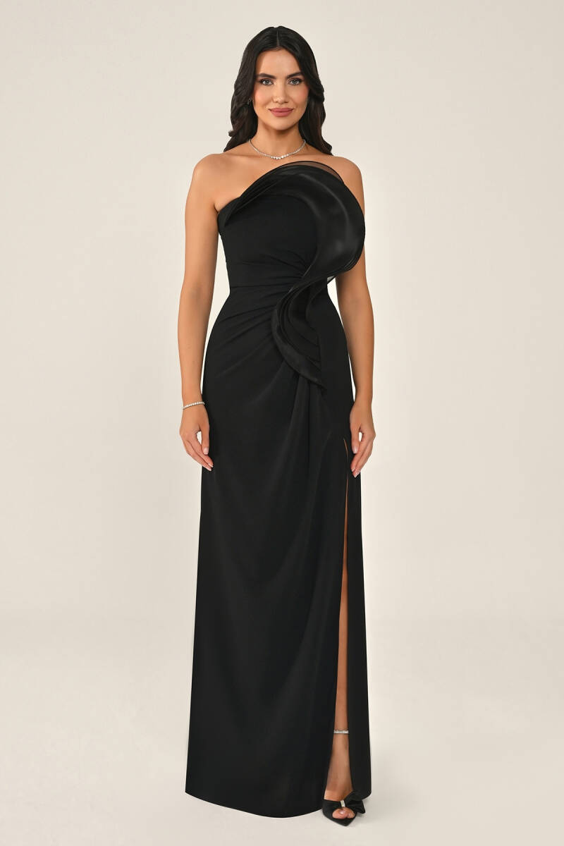 Siyah Straplez Asimetrik Fırfırlı Drapeli Yırtmaçlı Abiye Elbise 17 - 1