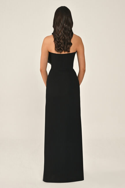 Siyah Straplez Asimetrik Fırfırlı Drapeli Yırtmaçlı Abiye Elbise 17 - 4