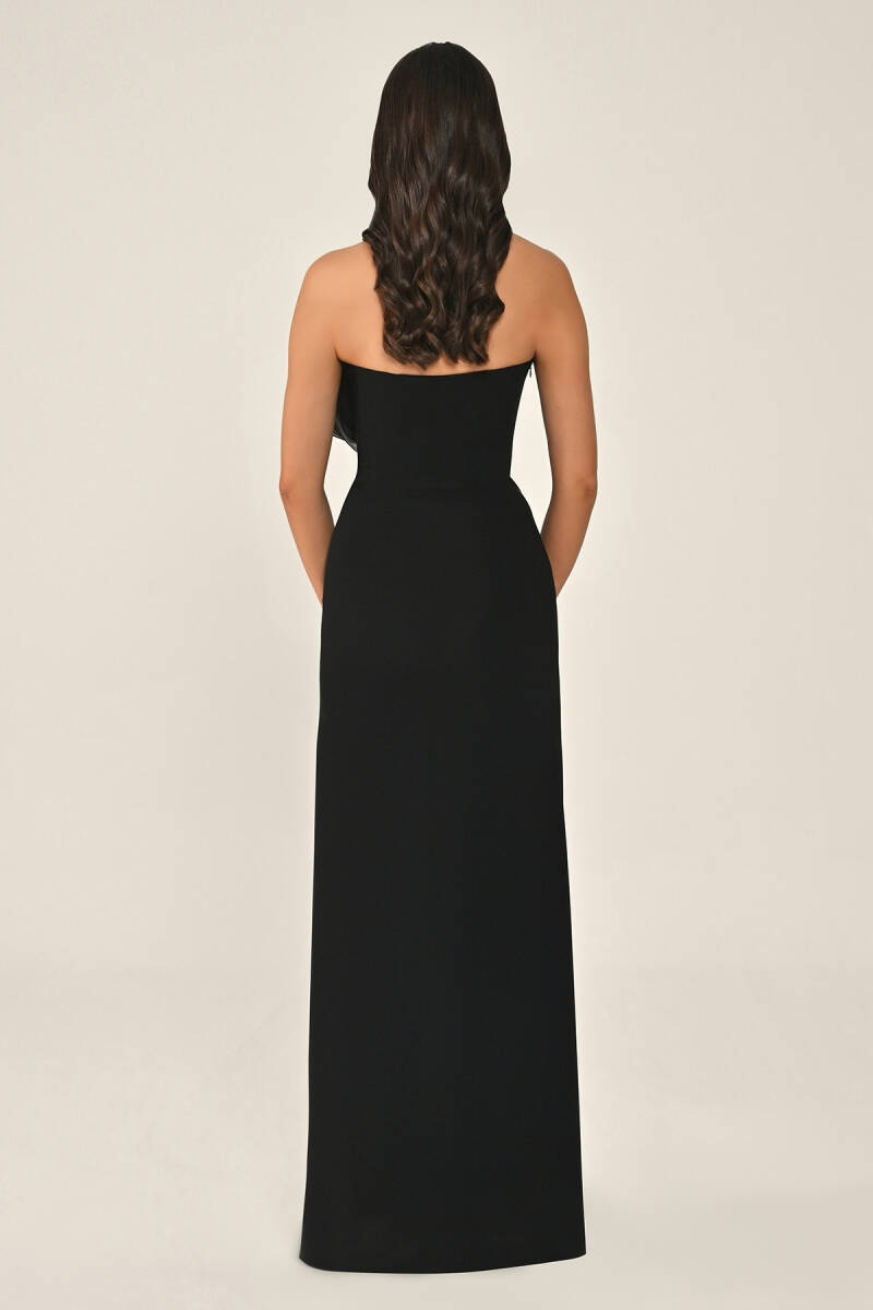 Siyah Straplez Asimetrik Fırfırlı Drapeli Yırtmaçlı Abiye Elbise 17 - 4