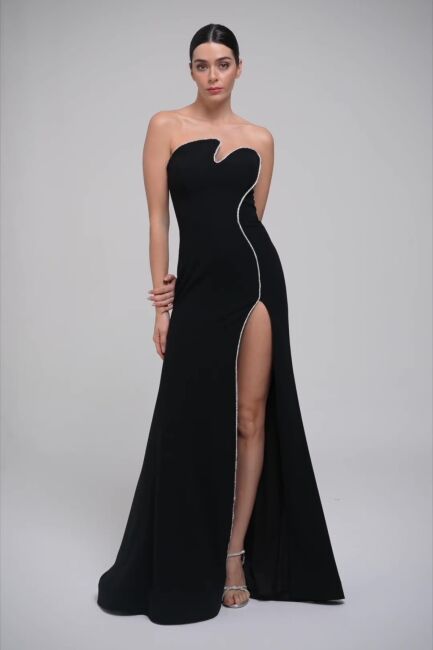Black Strapless Asymmetrical Collar Slit Stone Striped Evening Dress 66 - Şeref Vural