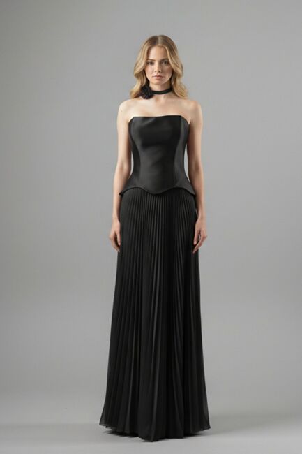 Siyah Straplez Eteği Plise Biritli Abiye Elbise 70 - MAXRA GOVANA