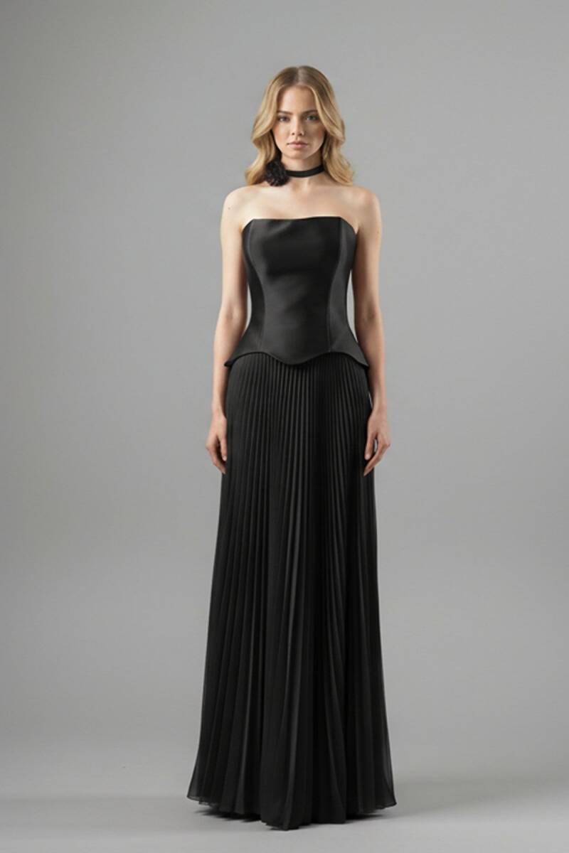 Siyah Straplez Eteği Plise Biritli Abiye Elbise 70 - 1