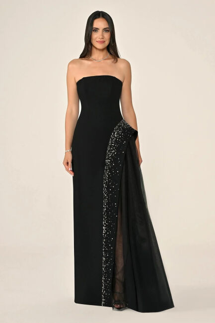 Siyah Straplez Eteği Taşlı Tüllü Krep Abiye Elbise 80 - ALFABETA