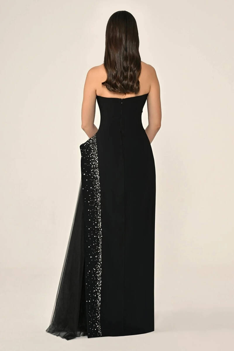 Siyah Straplez Eteği Taşlı Tüllü Krep Abiye Elbise 80 - 5