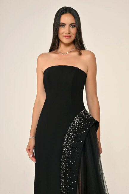 Siyah Straplez Eteği Taşlı Tüllü Krep Abiye Elbise 80 - 2