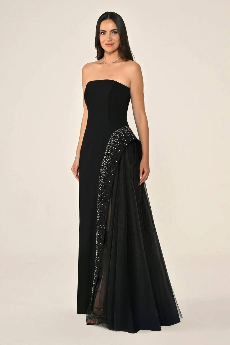 Siyah Straplez Eteği Taşlı Tüllü Krep Abiye Elbise 80 - 3