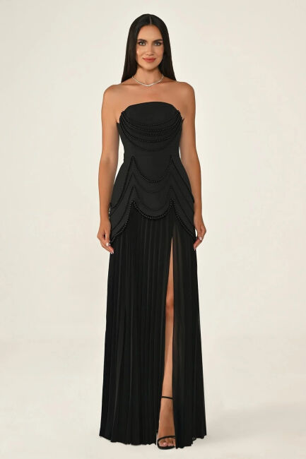 Siyah Straplez İncili Plise Etek Abiye Elbise 05 - ALFABETA