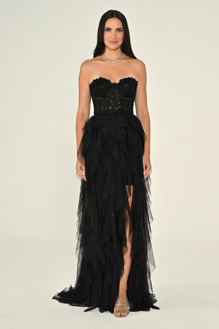 Siyah Straplez İşlemeli Büstiyerli Fırfırlı Tül Abiye Elbise 56 