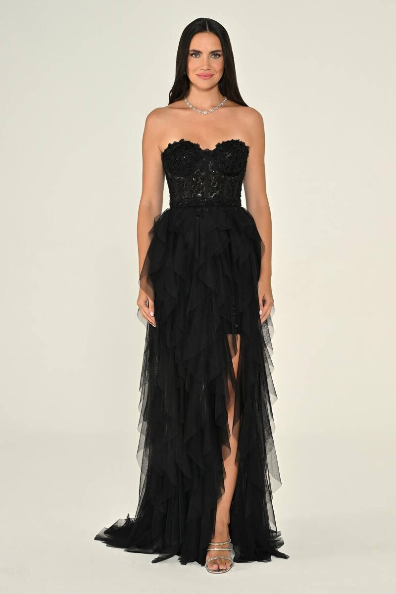 Siyah Straplez İşlemeli Büstiyerli Fırfırlı Tül Abiye Elbise 56 - 1